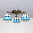 Vintage Stained Glass Ceiling Light - Conic Flushmount With Art Pattern 3 Lights Antique Bronze /