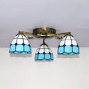 Vintage Stained Glass Ceiling Light - Conic Flushmount With Art Pattern 3 Lights Antique Bronze /