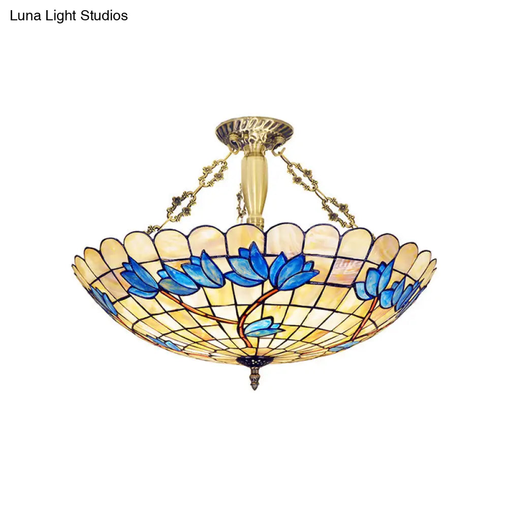 Vintage Stained Glass Ceiling Light Fixture - 4 - Light Semi Flush Mount For Dining Room Tulip