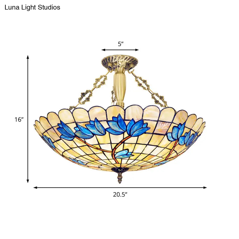 Vintage Stained Glass Ceiling Light Fixture - 4 - Light Semi Flush Mount For Dining Room Tulip