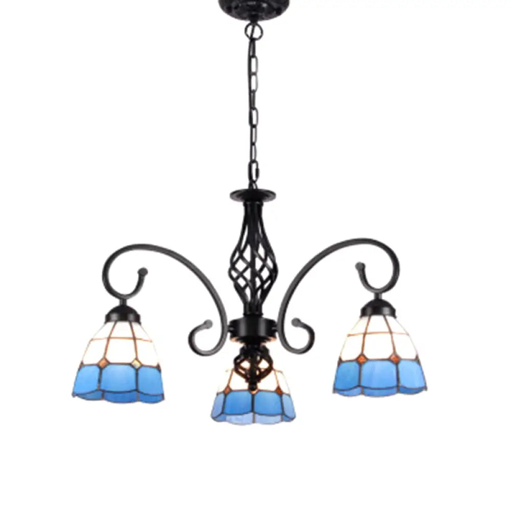 Vintage Stained Glass Chandelier Handcrafted Floral Hanging Light For Hall 3 / Blue-White