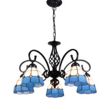 Vintage Stained Glass Chandelier Handcrafted Floral Hanging Light For Hall 5 / Blue-White