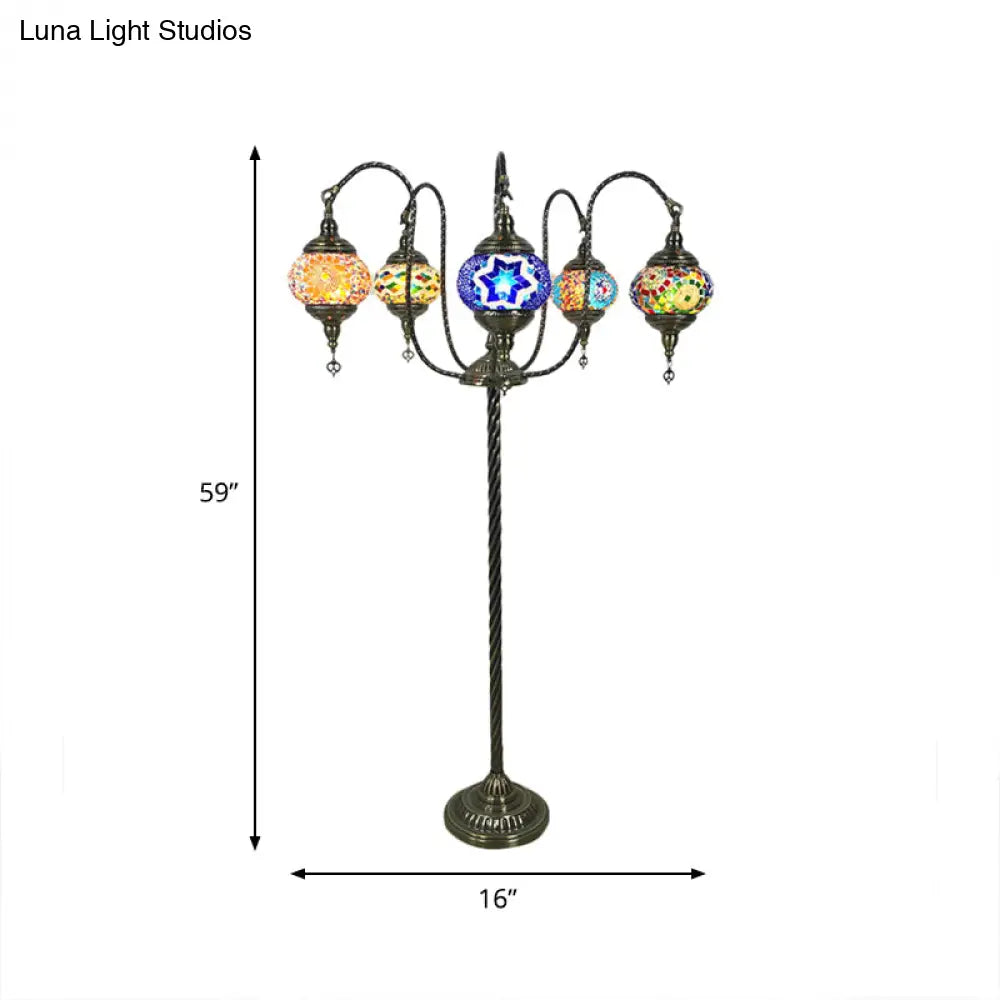 Vintage Stained Glass Curved Arm Floor Lamp - Yellow/Blue 5-Head Standing Light For Reading