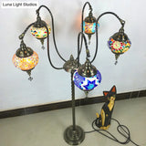 Vintage Stained Glass Curved Arm Floor Lamp - Yellow/Blue 5-Head Standing Light For Reading