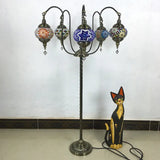 Vintage Stained Glass Curved Arm Floor Lamp - Yellow/Blue 5-Head Standing Light For Reading Blue