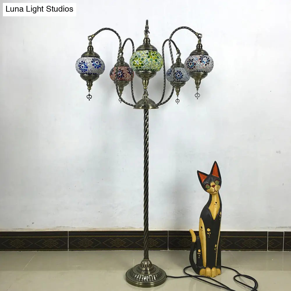 Vintage Stained Glass Curved Arm Floor Lamp - Yellow/Blue 5-Head Standing Light For Reading