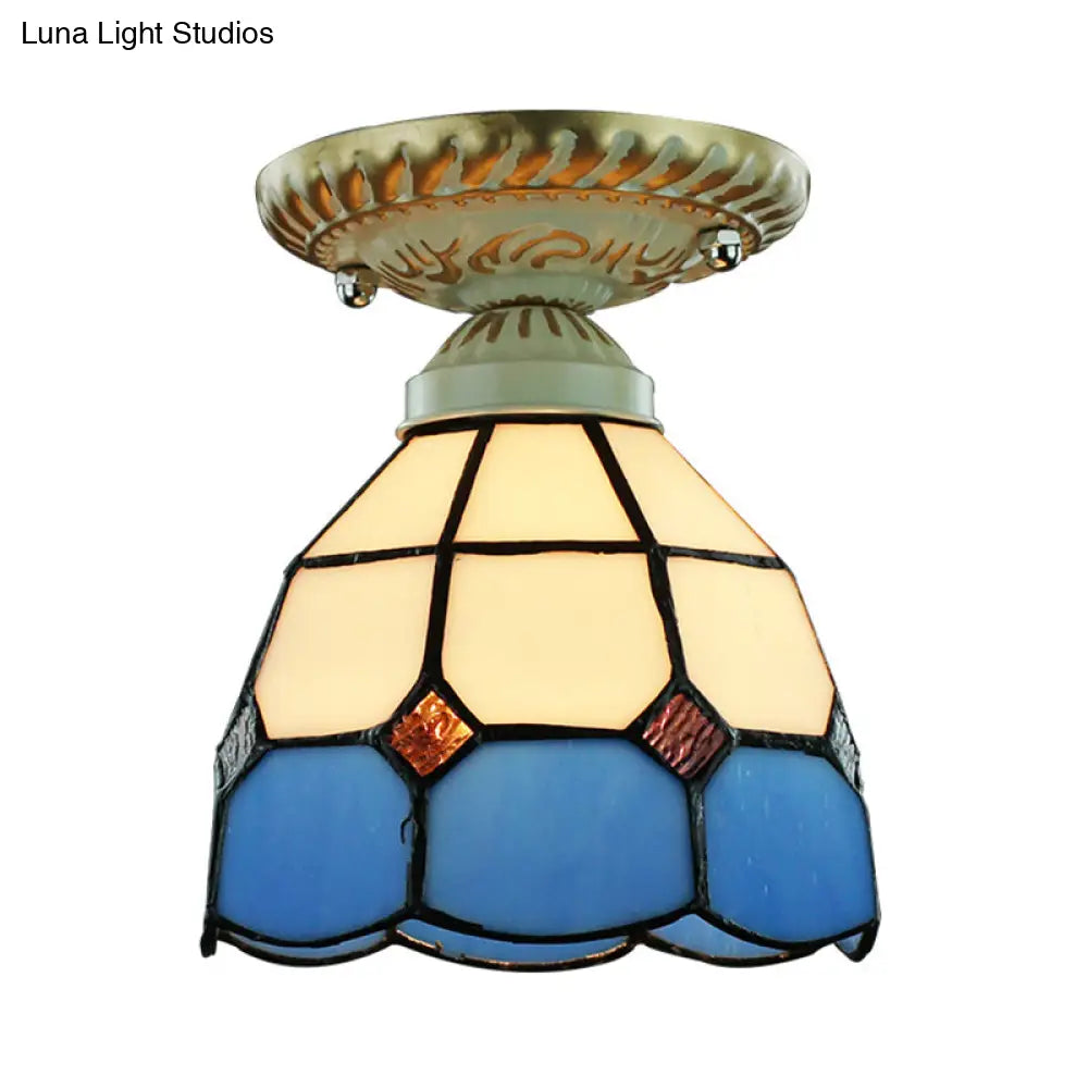 Vintage Stained Glass Dome Ceiling Light Fixture In Orange/Blue For Hallway