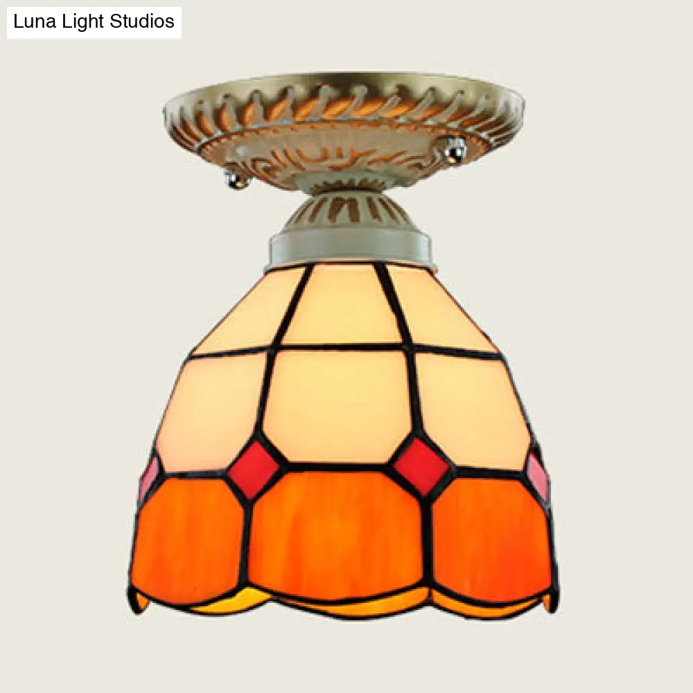 Vintage Stained Glass Dome Ceiling Light Fixture In Orange/Blue For Hallway