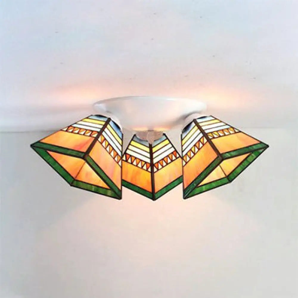 Vintage Stained Glass Geometric Ceiling Light With Wire Mesh Stripes & Pattern - 3-Light Flushmount