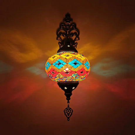 Vintage Stained Glass Globe Wall Sconce - Artistic Indoor Lamp With White/Red/Orange Lighting Orange