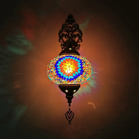 Vintage Stained Glass Globe Wall Sconce - Artistic Indoor Lamp With White/Red/Orange Lighting