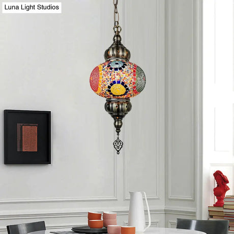 Vintage Stained Glass Pendant Lamp - Red/Orange/Green Oval Single Head Suspension Lighting