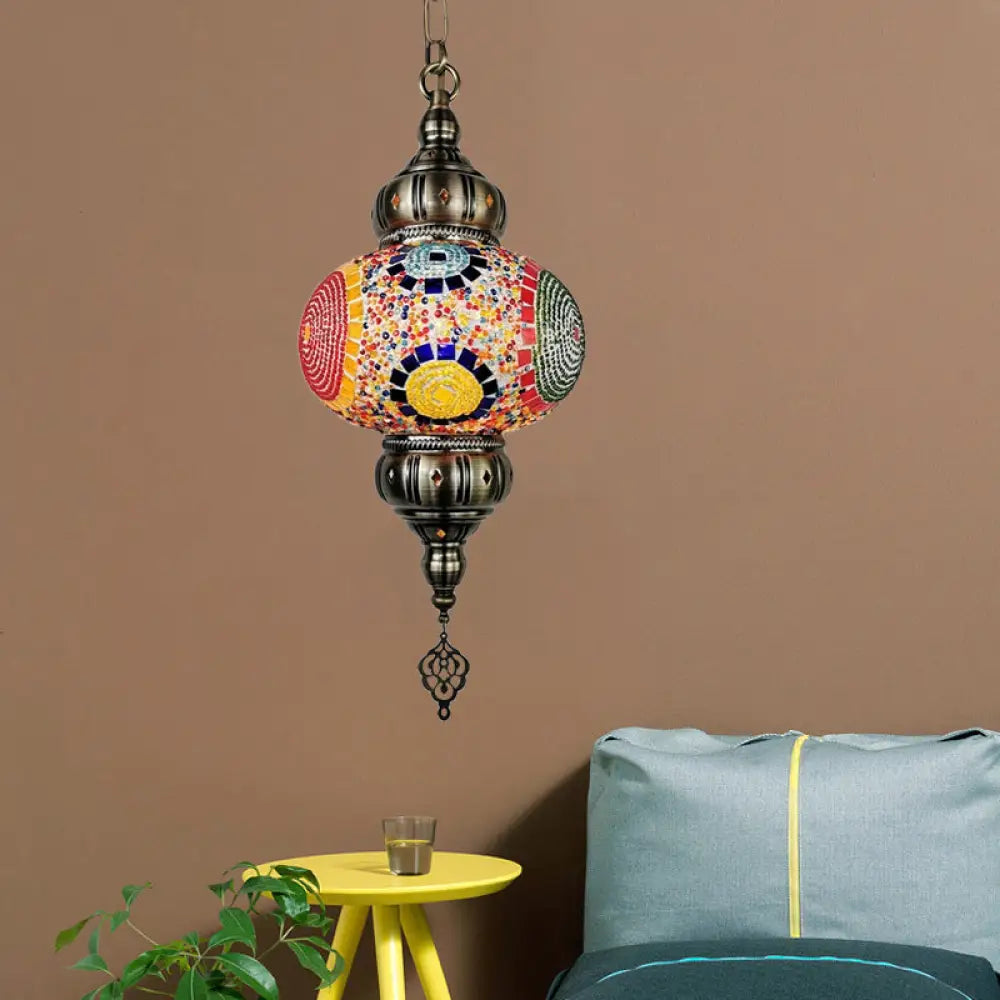 Vintage Stained Glass Pendant Lamp - Red/Orange/Green Oval Single Head Suspension Lighting Red