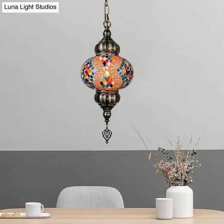 Vintage Stained Glass Pendant Lamp - Red/Orange/Green Oval Single Head Suspension Lighting