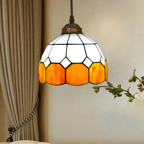 Vintage Stained Glass Pendant Light With Scalloped Dome Design Orange / A