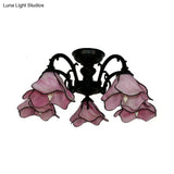 Vintage Stained Glass Petal Chandelier Lamp: 3/5 Bulbs Living Room Ceiling Light In Pink