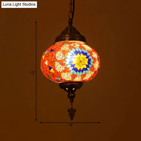 Vintage Stained Glass Spherical Hanging Pendant In Red/Blue/Yellow For Living Room