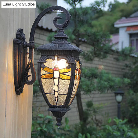 Vintage Stained Glass Wall Lantern With Dragonfly Pattern For Balcony