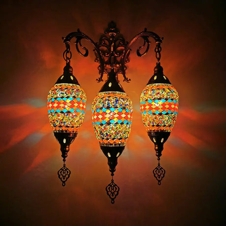 Vintage Stained Glass Wall Mount Light Fixture - Yellow/Orange/Blue Oval 3 Lights Orange