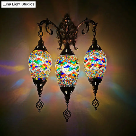 Vintage Stained Glass Wall Mount Light Fixture - Yellow/Orange/Blue Oval 3 Lights