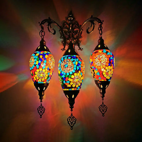 Vintage Stained Glass Wall Mount Light Fixture - Yellow/Orange/Blue Oval 3 Lights Yellow