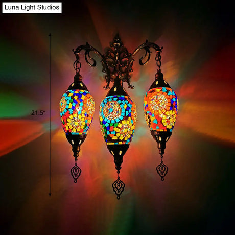 Vintage Stained Glass Wall Mount Light Fixture - Yellow/Orange/Blue Oval 3 Lights