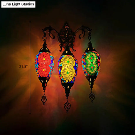 Vintage Stained Glass Wall Mount Light Fixture - Yellow/Orange/Blue Oval 3 Lights