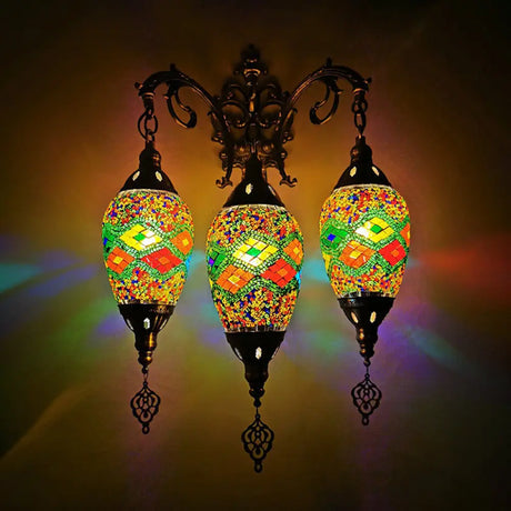 Vintage Stained Glass Wall Mount Light Fixture - Yellow/Orange/Blue Oval 3 Lights Green