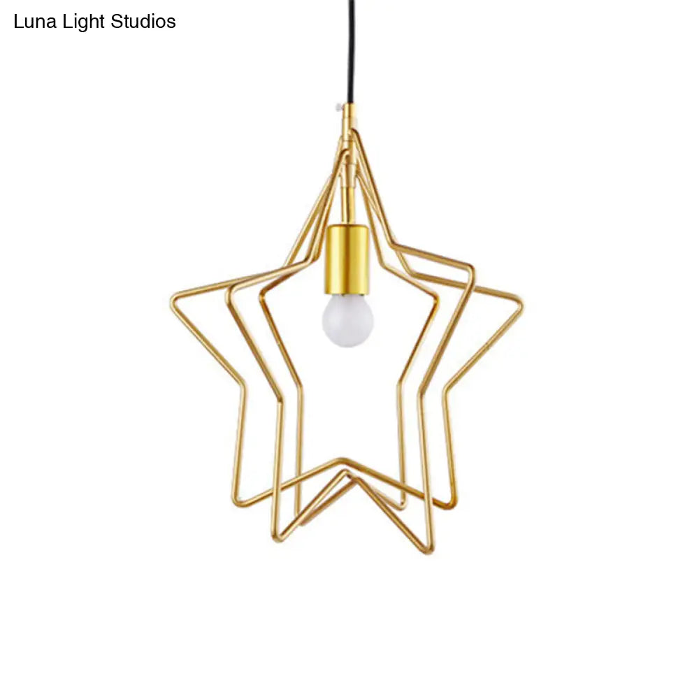 Vintage Star Cage Gold Hanging Light For Dining Room - Single-Bulb Ceiling Lamp
