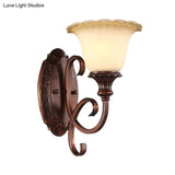 Vintage Style 1-Light Red Brown Flower Wall Sconce With Frosted Glass For Bedroom