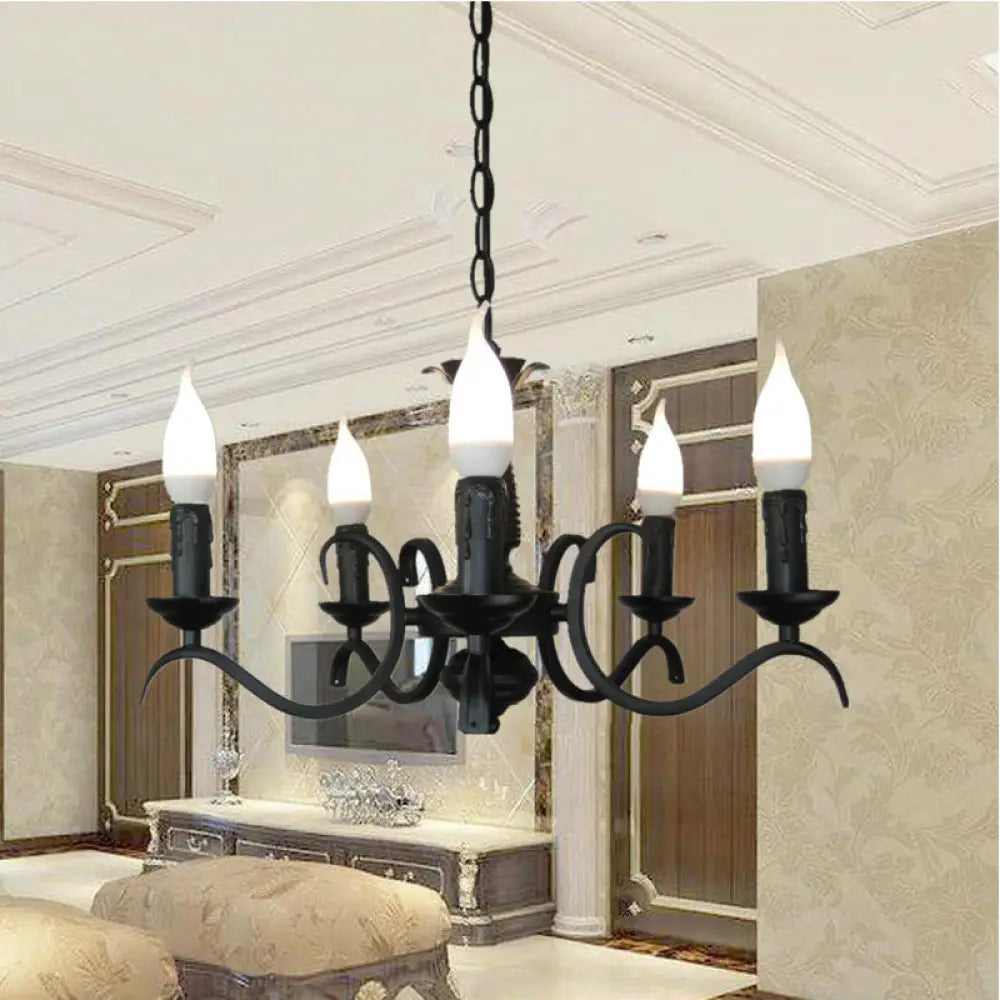 Vintage Style 3/5-Head Flameless Candle Chandelier - Black Metallic Hanging Lamp For Living Room 5 /