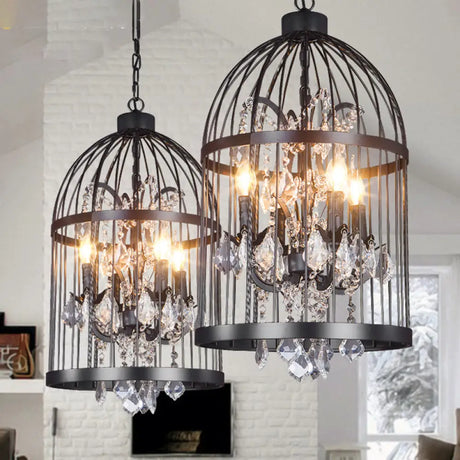 Vintage Style 4-Head Birdcage Chandelier in Black/White/Rust Iron – Elegant Hanging Lamp with Candle and Crystal Deco