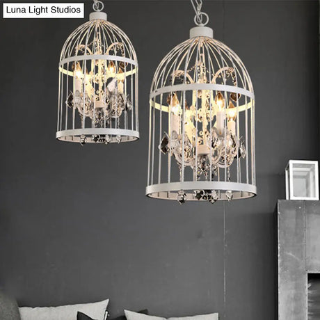 Vintage Style 4-Head Birdcage Chandelier in Black/White/Rust Iron – Elegant Hanging Lamp with Candle and Crystal Deco