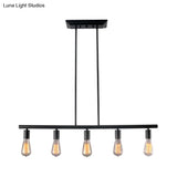Vintage Style 5-Head Black Finish Linear Island Lamp - Metallic Hanging Light For Dining Room