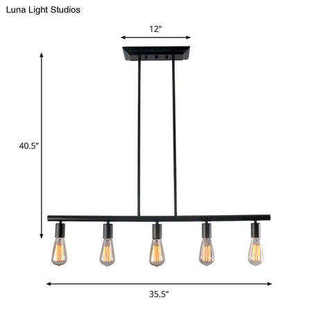 Vintage Style 5-Head Black Finish Linear Island Lamp - Metallic Hanging Light For Dining Room
