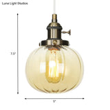 Vintage Style Amber/Clear Ridged Glass Pendant Light Fixture - 1 Adjustable Living Room Ceiling