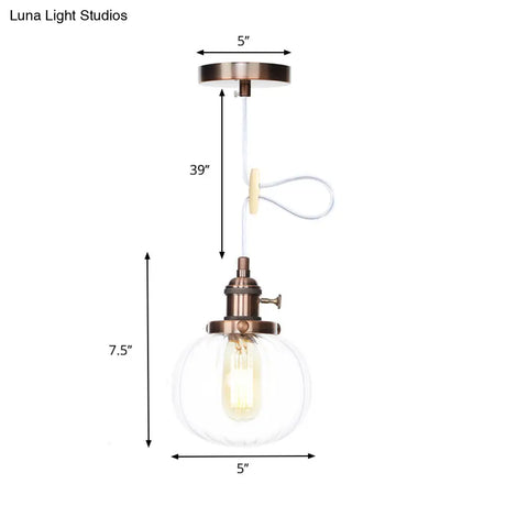 Vintage Style Amber/Clear Ridged Glass Pendant Light Fixture - 1 Adjustable Living Room Ceiling