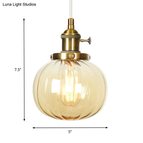 Vintage Style Amber/Clear Ridged Glass Pendant Light Fixture - 1 Adjustable Living Room Ceiling