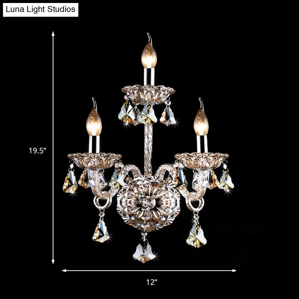 Vintage Style Amber Crystal Candle Wall Sconce With 3 Lights For Living Room