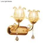 Vintage-Style Bedside Wall Sconce Lamp With Flower Amber Glass Shade And Pull Chain