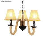 Vintage Style Beige Fabric Shade Chandelier Light Fixture With Rope Detail - Bell/Cone Hanging Lamp