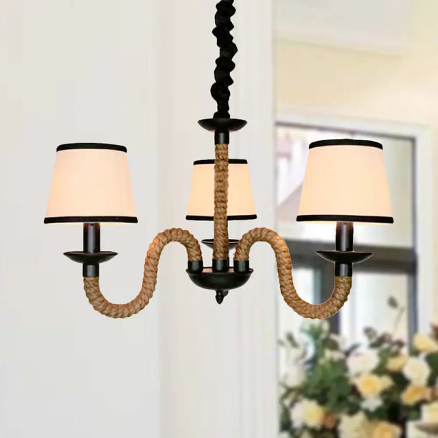 Vintage Style Beige Fabric Shade Chandelier Light Fixture With Rope Detail - Bell/Cone Hanging Lamp