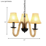 Vintage Style Beige Fabric Shade Chandelier Light Fixture With Rope Detail - Bell/Cone Hanging Lamp