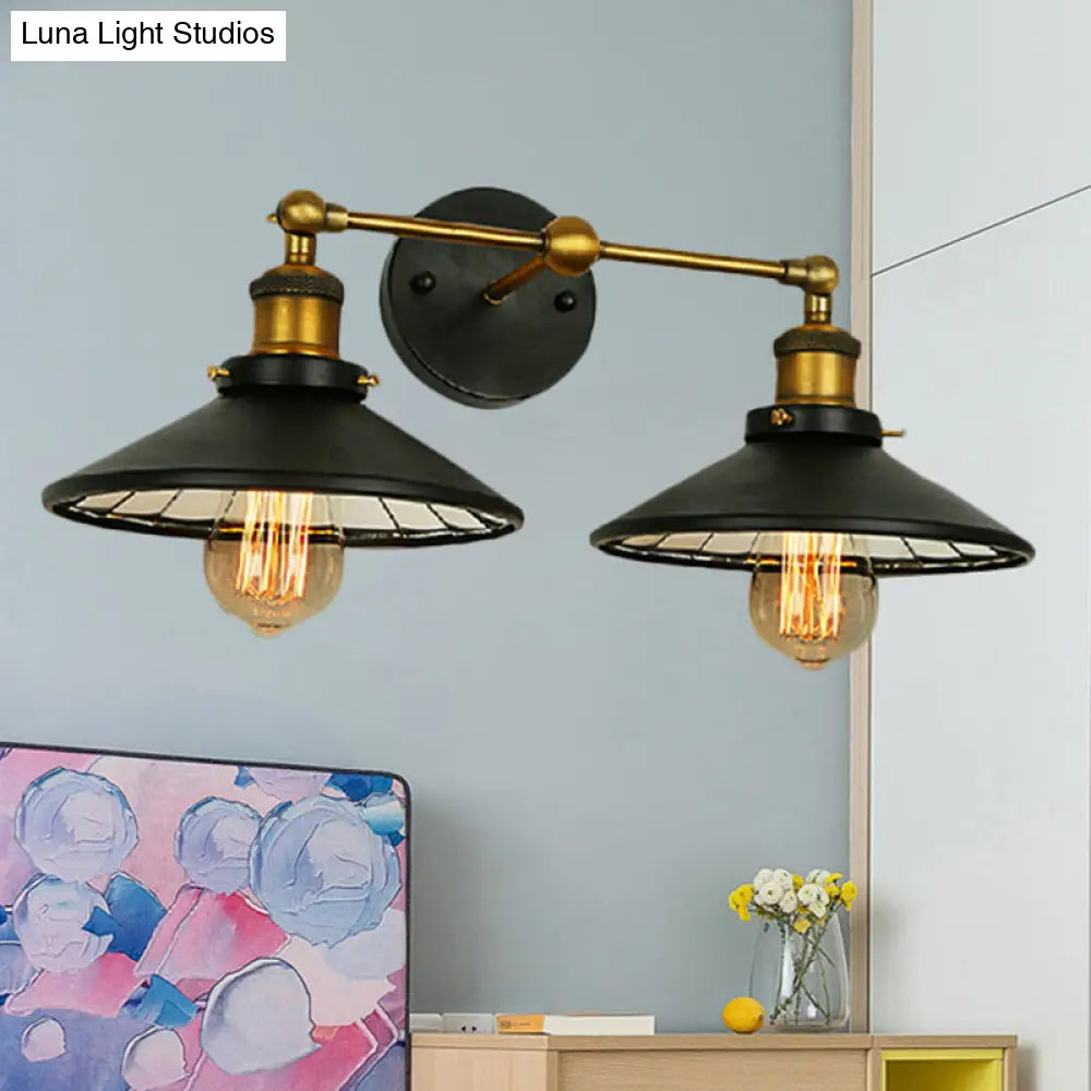 Vintage Style Black Metal Sconce Lighting - 2/3 Bulbs Cone Shade Wall Mount Light Perfect For