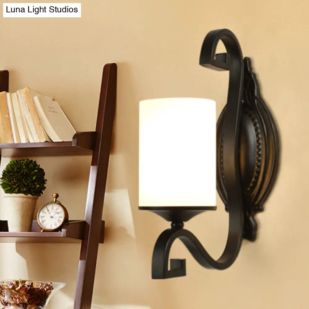 Vintage Style Black Metal Wall Sconce With White Glass Shade