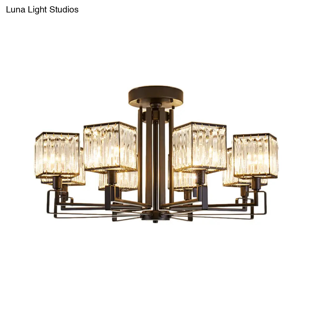 Vintage Style Black Square Metal Ceiling Light Fixture With Crystal Prism - 4/6/8 Lights Ideal For