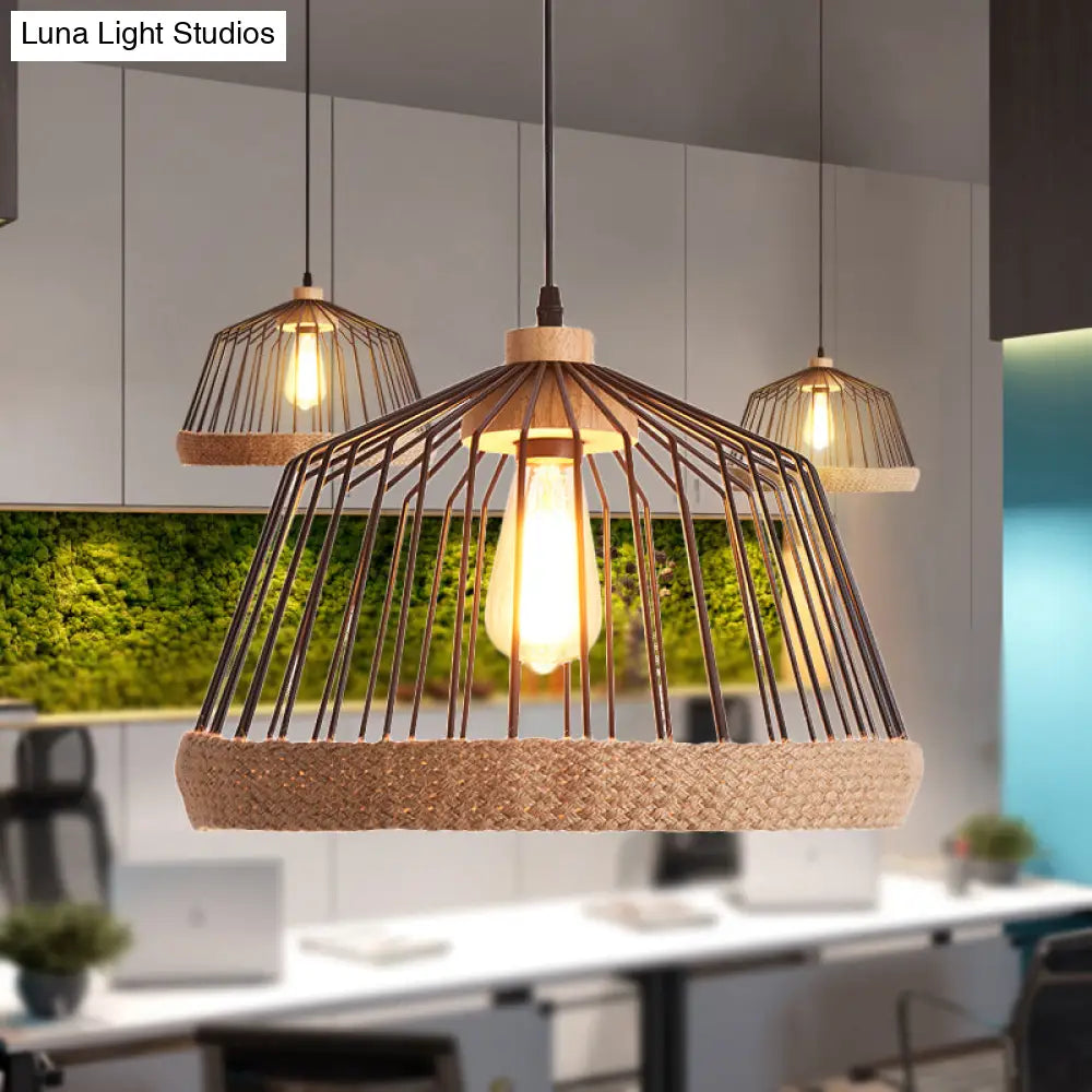 Vintage Style Black Wire Cage Ceiling Fixture - 1 Light Kitchen Hanging Lamp With Rope