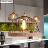 Vintage Style Black Wire Cage Ceiling Fixture - 1 Light Kitchen Hanging Lamp With Rope