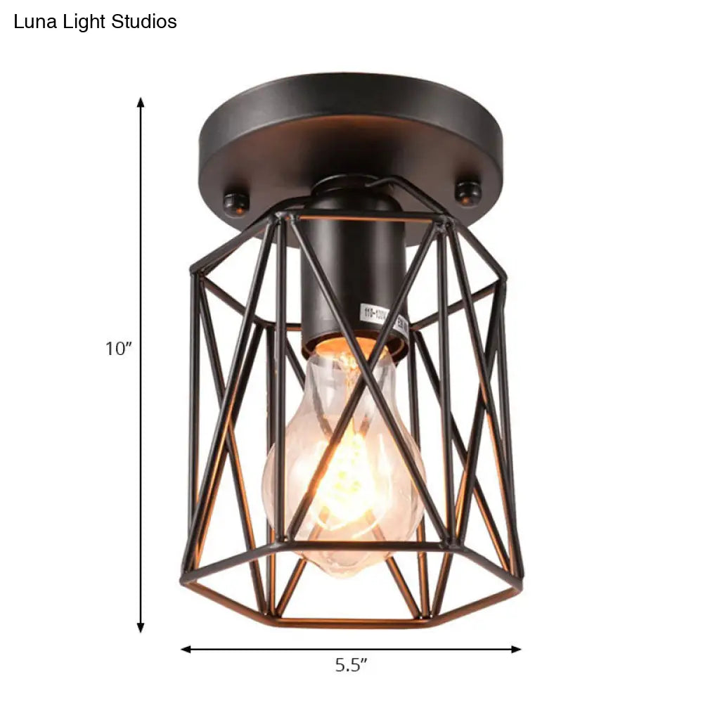 Vintage Style Black Wire Cage Semi Flush Light Ceiling Mounted Fixture For Kitchen