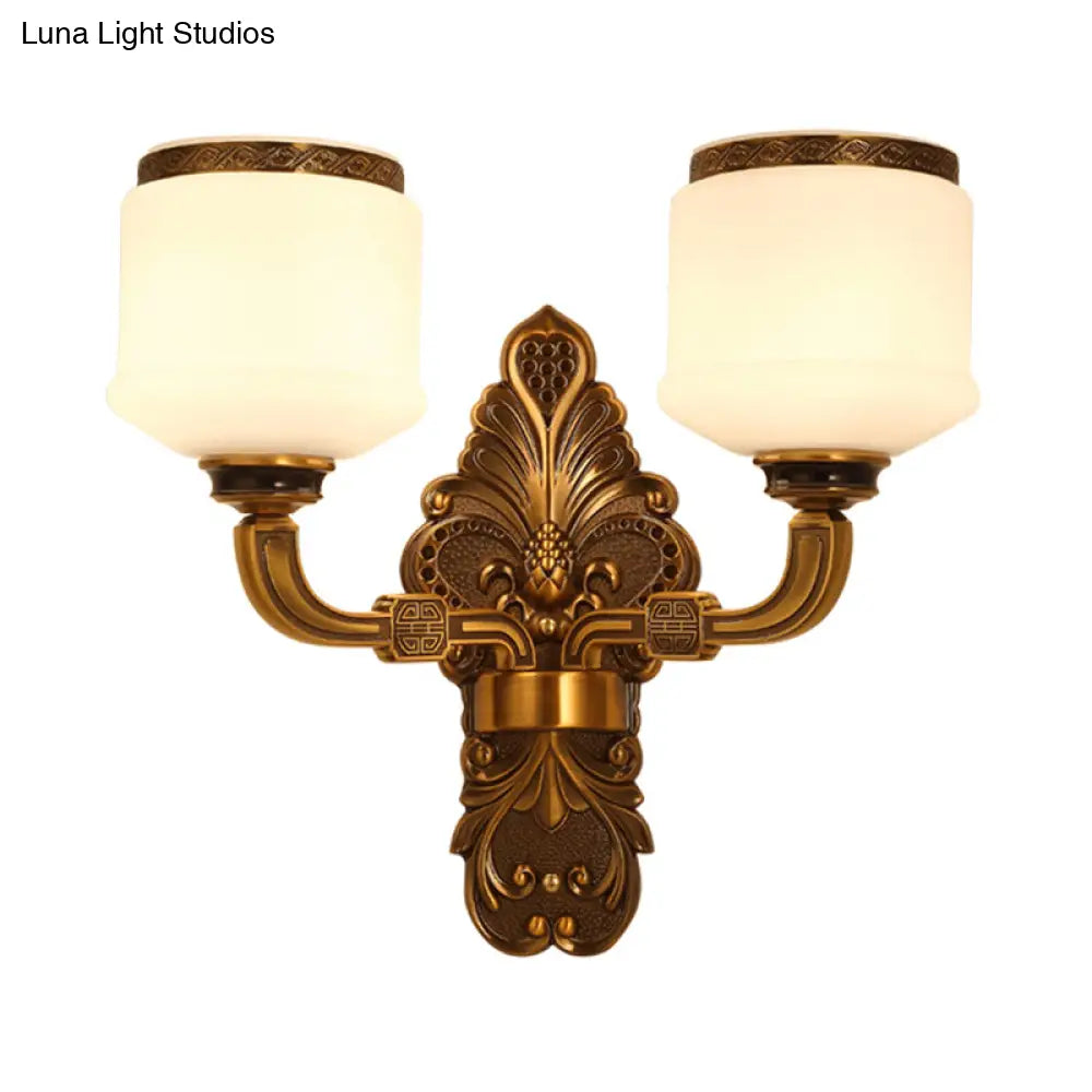 Vintage Style Brass Wall Sconce Lamp With 1/2-Light Drum Shade In White Glass